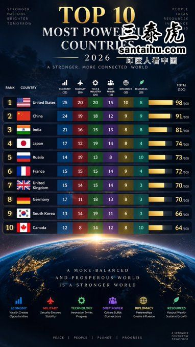 2026年世界前十个最强大国家的排名
